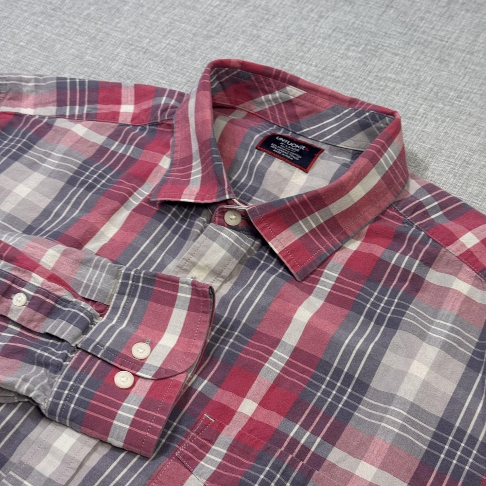 UNTUCKit Button Shirt Mens XL Gray Red Plaid Long Sleeve Organic Cotton Lyocell